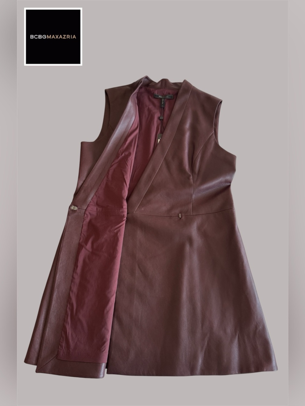 BCBGMAXAZRIA - Short Faux Leather Wrap Dress in BORDEAUX - Picture 6 of 11